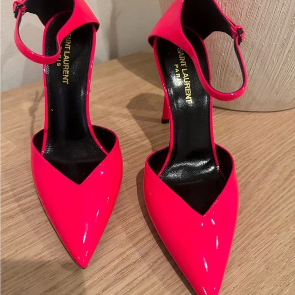 Saint Laurent Neon Pink Patent Pointed-Toe Ankle-Strap Pumps - Picture 12 of 15